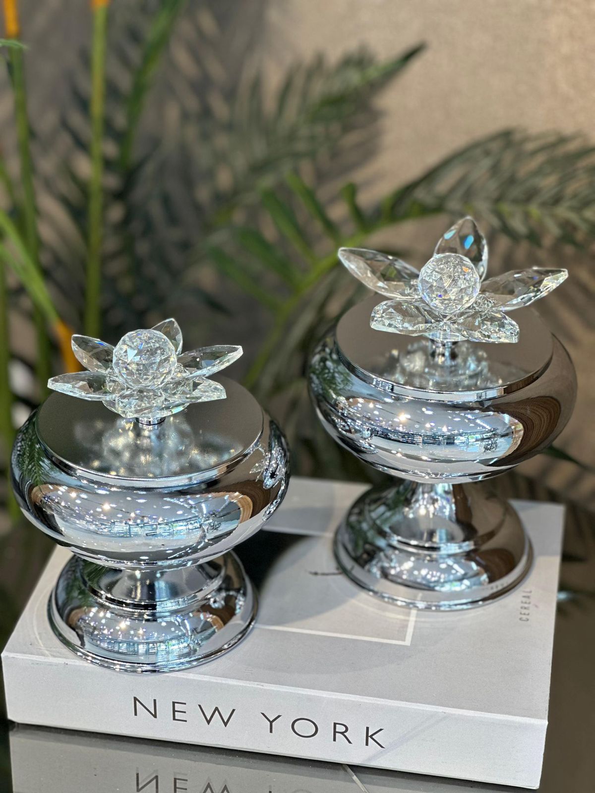 Kristal Çiçek Kapaklı İkili Gümüş şekerlik