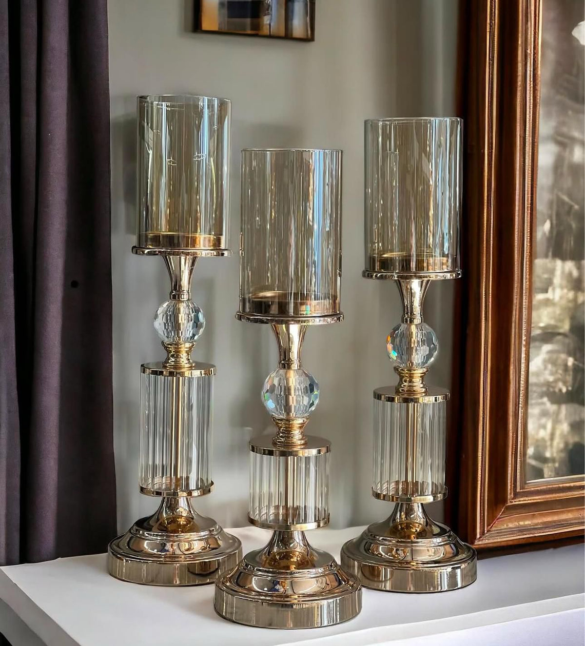 Dekoratif 3 Lü Kristal Şamdan & Mumluk - Rose Gold