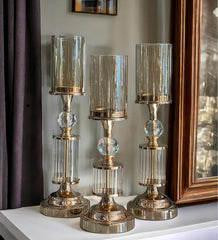 Dekoratif 3 Lü Kristal Şamdan & Mumluk - Rose Gold