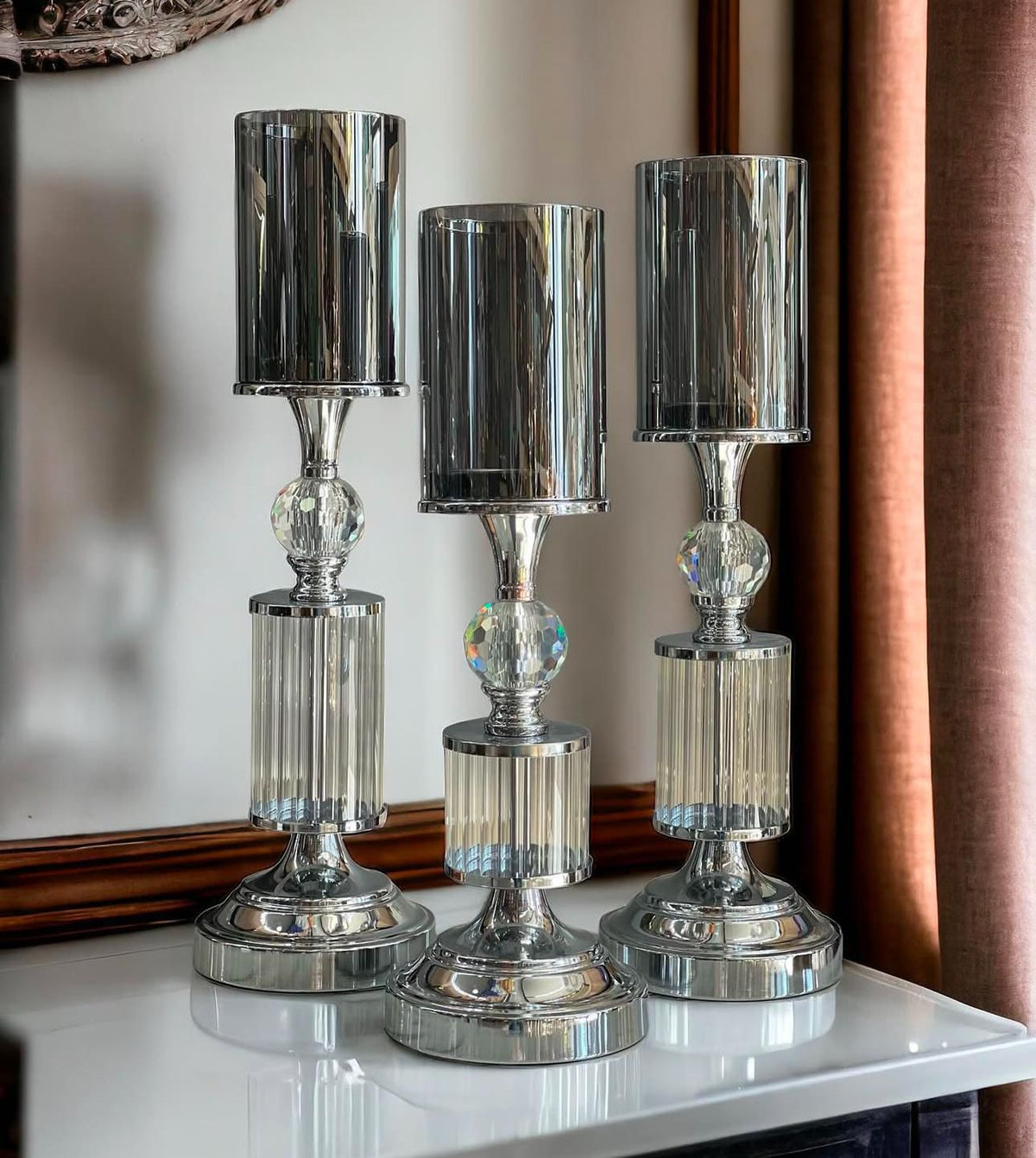 Dekoratif 3 Lü Kristal Şamdan & Mumluk- Gümüş