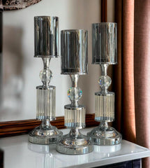 Dekoratif 3 Lü Kristal Şamdan & Mumluk- Gümüş